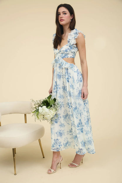 Blue Blossom Cutout Midi Dress